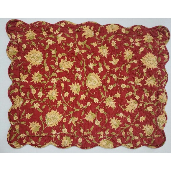 Pottery Barn Linen Cotton 2 Pillow Shams Floral Red Yellow Quilted Reversible - Picture 2 of 9